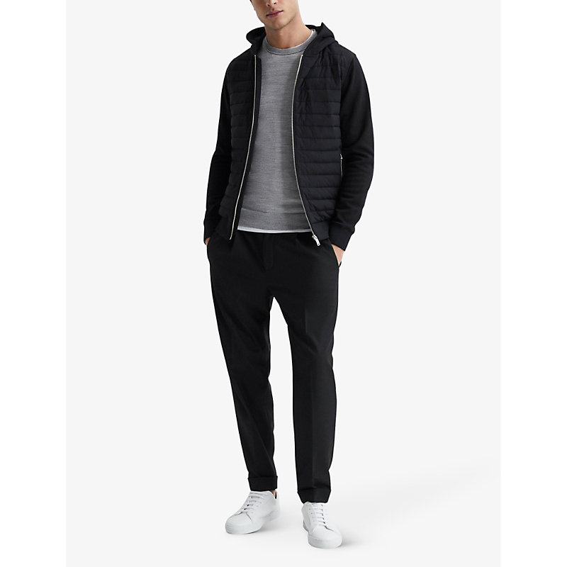 Shop Reiss Mens Black Taylor Hooded Quilted-shell And Cotton-jersey Jacket