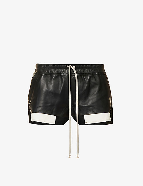RICK OWENS: Exposed-lining asymmetric-hem mid-rise leather shorts
