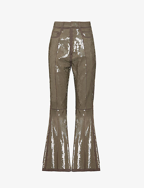 RICK OWENS: Bolan sequin-embellished flared mid-rise stretch-denim trousers