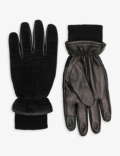 ALLSAINTS: Ribbed-cuff leather and cotton corduroy gloves