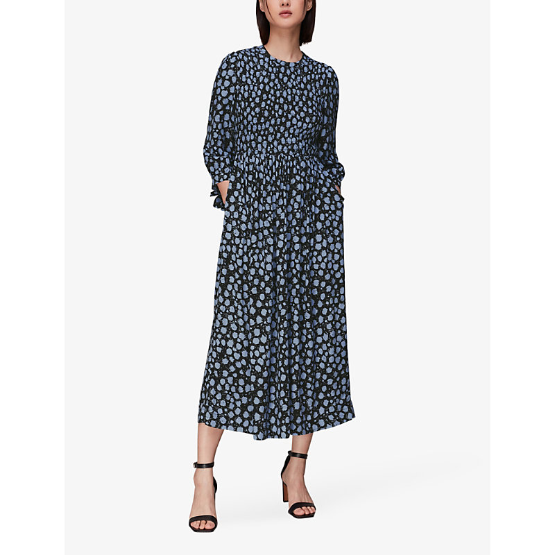 Shop Whistles Womens Multi-coloured Dalmatian-print Shirred-bodice Woven Midi Dress