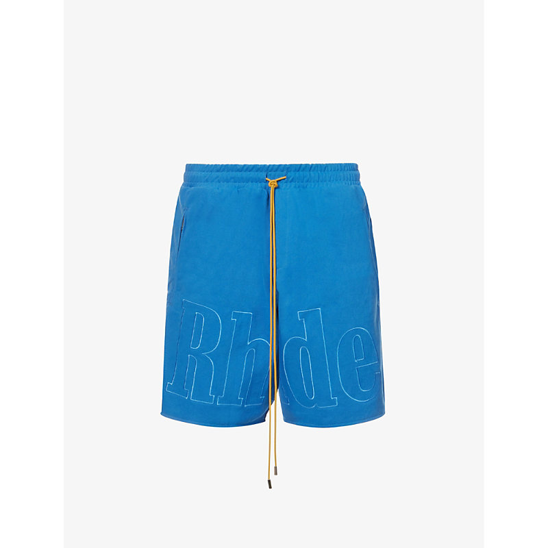 RHUDE RHUDE MEN'S ELECTRIC BLUE BRAND-EMBROIDERED RELAXED-FIT COTTON SHORTS,63741804
