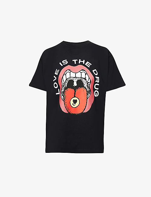 OBEY: 'Love Is The Drug' graphic-mouth print cotton-jersey T-shirt