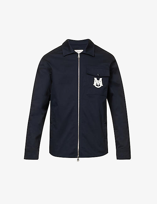 MONCLER: Embroidered-logo zip-up stretch-cotton shirt