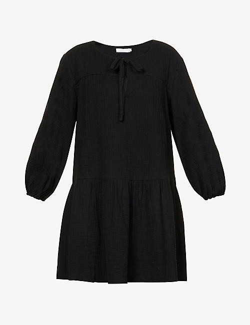 SEAFOLLY: Puff-sleeved seersucker-texture cotton mini dress
