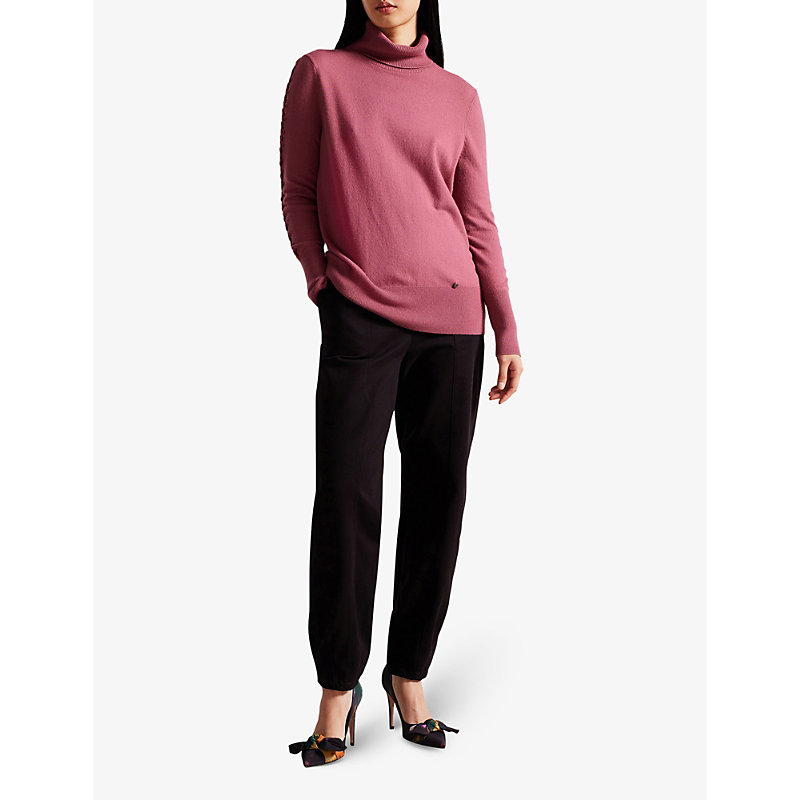 Shop Ted Baker Women's Dp-purple Roll-neck Stitch-sleeve Knitted Jumper
