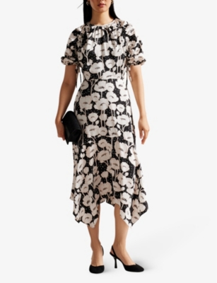 Shop Ted Baker Women's Black Floral-printed Puff-sleeve Woven Midi Dress