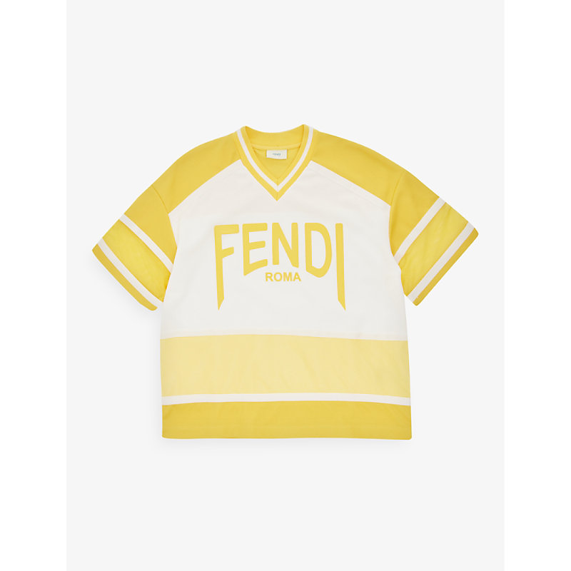 Fendi Kids' Boy's Logo-print Hockey-inspired T-shirt In Sun+gesso