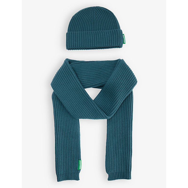 Dsquared2 Acc Mens Green Ribbed-knit Wool Beanie And Scarf Set