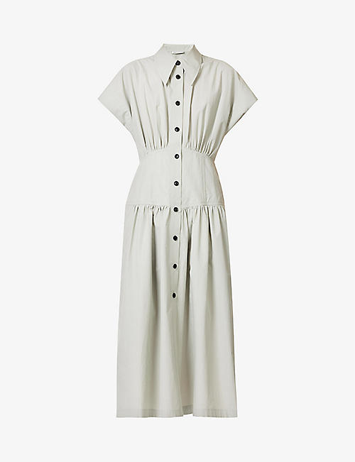 LOW CLASSIC: Gathered-waist cap-sleeved cotton-blend midi dress