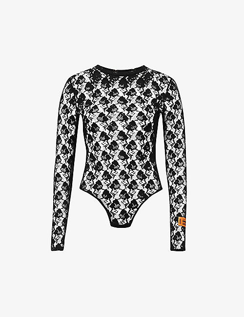 HERON PRESTON: Floral-pattern slim-fit lace bodysuit