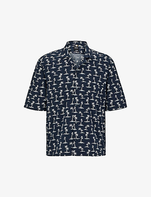 BOSS: Palm-print regular-fit cotton-muslin shirt