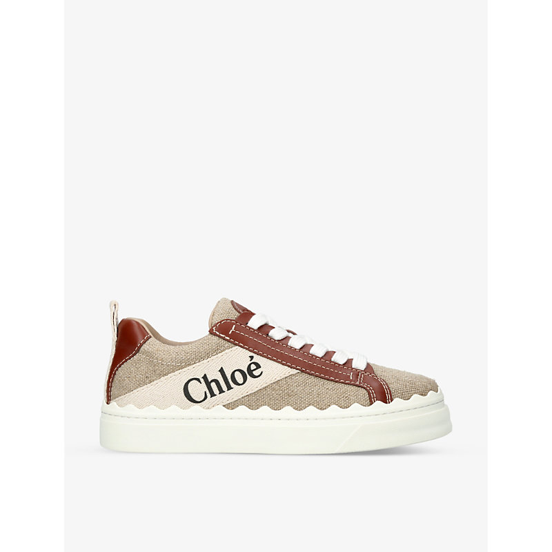 Chloé Lauren Logo-embellished Linen And Leather Trainers In White/comb