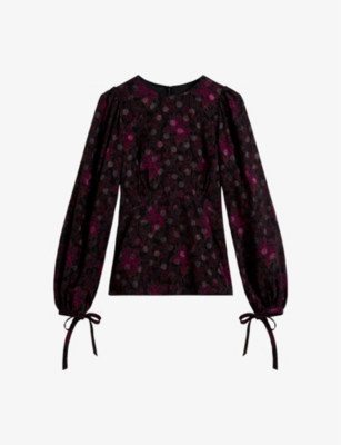 Ted Baker Floral-print Woven Peplum Top In Black