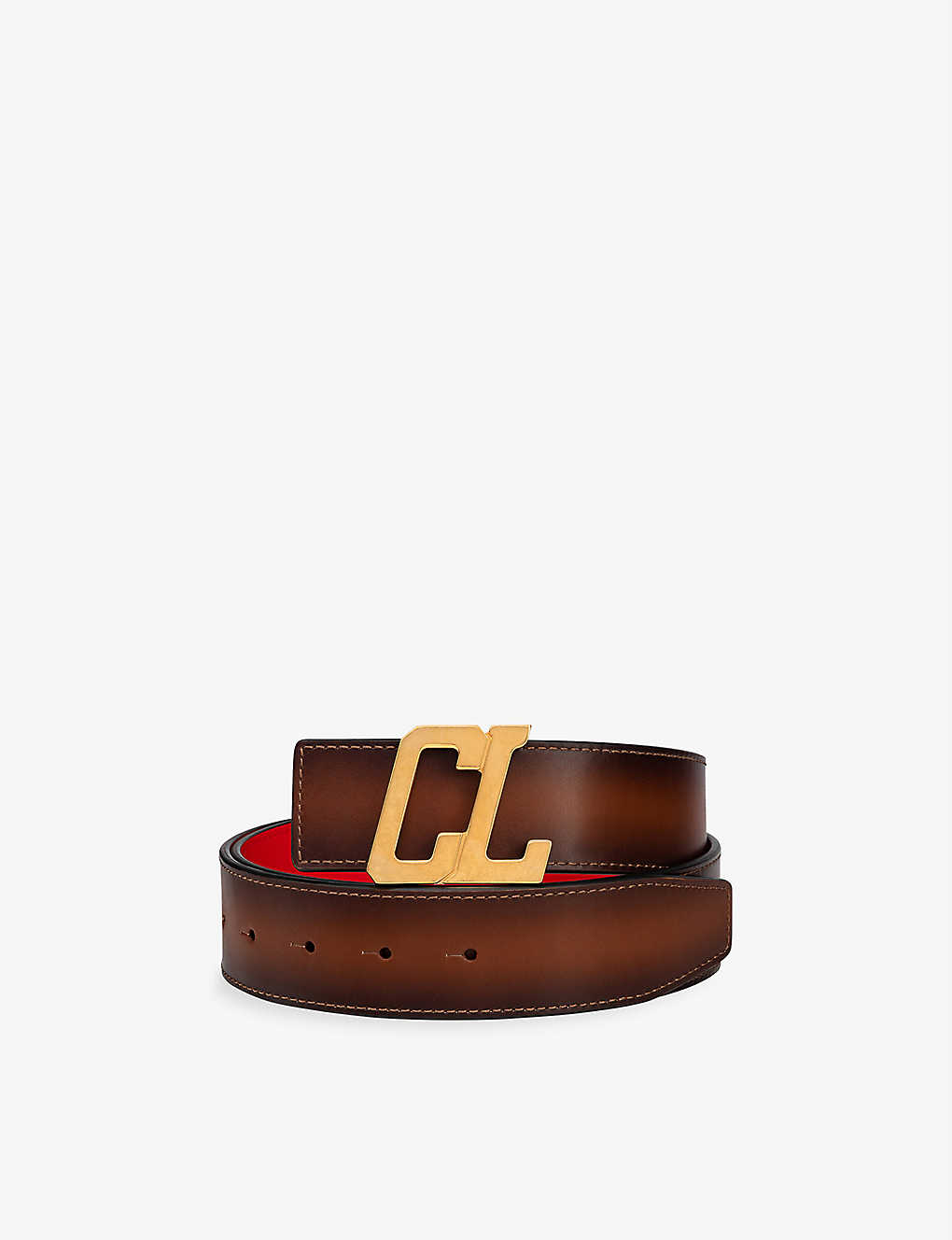 Shop Christian Louboutin Men's Havane/bk/antic Gold Happyrui Logo-buckle Leather Belt In Multi-coloured
