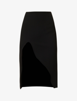 OFF-WHITE OFF-WHITE C/O VIRGIL ABLOH WOMEN'S BLACK NO CO SPLIT-LEG MID-RISE STRETCH-WOVEN MIDI SKIRT,63828352