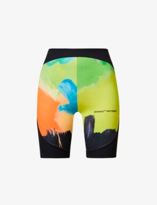 OFF-WHITE OFF-WHITE C/O VIRGIL ABLOH WOMEN'S MULTICOLOR BLACK BRUSH STROKE BRANDED STRETCH-WOVEN SHORTS,63829267