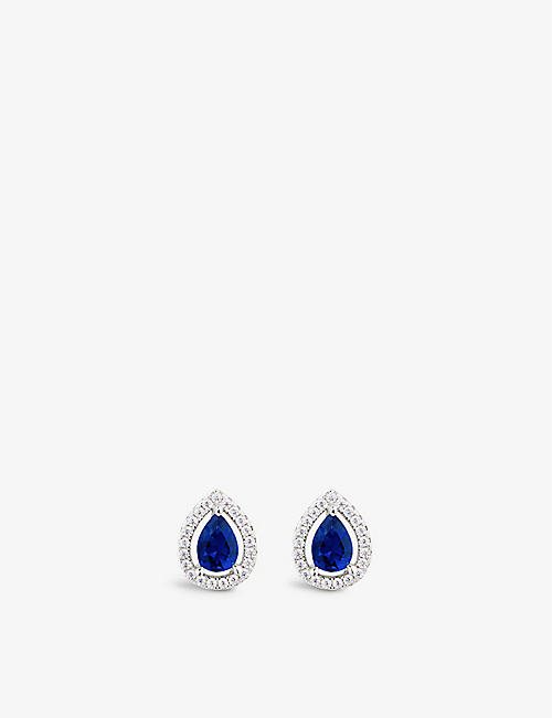 CARAT LONDON: Emile pear-shaped sterling silver, 1.25ct blue sapphire and cubic zirconia stud earrings