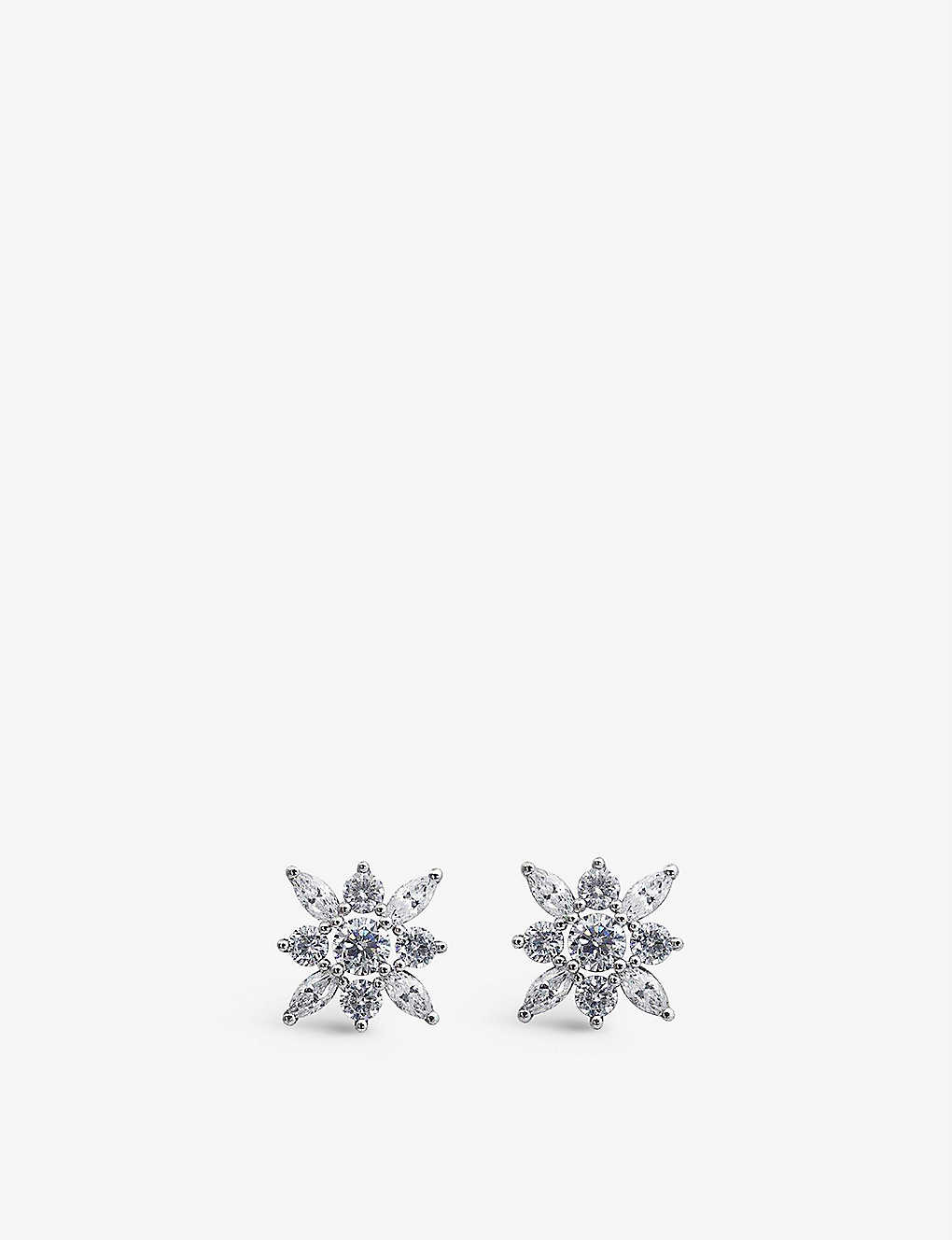 Carat London Womens Silver Snowflower Sterling Silver And Cubic Zirconia Stud Earrings