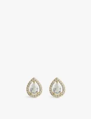 CARAT LONDON: Emile pear-shaped borderset yellow gold-plated vermeil sterling silver and 1.25ct eq cubic zirconia stud earrings