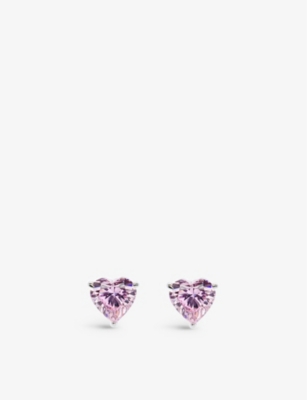 Carat London Womens Silver Camden Heart-shaped 9ct White-gold And Pink Cubic Zirconia Stud Earrings