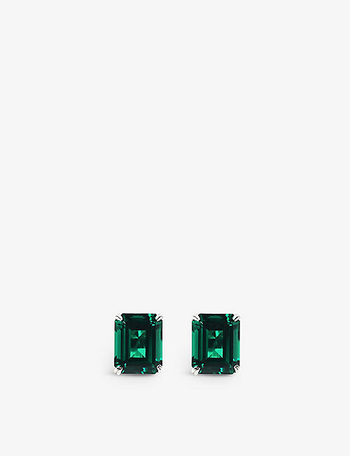 CARAT LONDON: Fulton 9ct white-gold and 1.5ct eq green cubic zirconia stud earrings