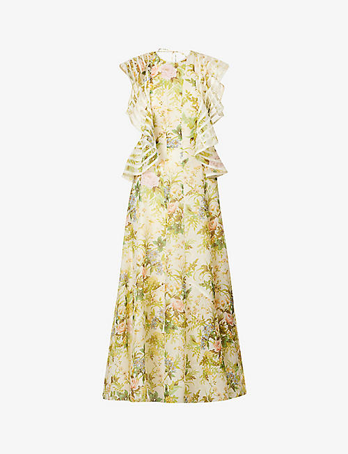 ALEMAIS: Eden floral-print linen midi dress