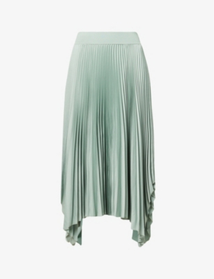 Joseph Ade Asymmetric Pleated Hammered-satin Midi Skirt In Sage
