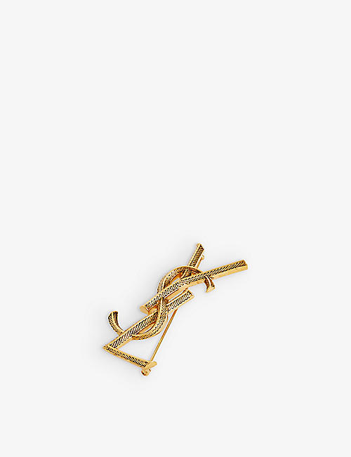 SAINT LAURENT: Logo-embellished textured brass brooch