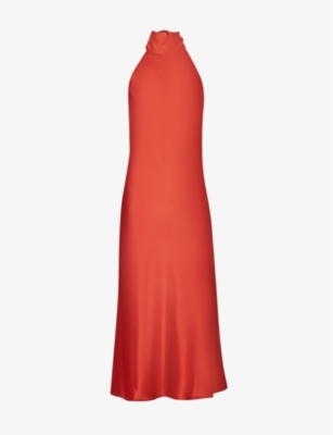 Galvan Sienna Halterneck Satin Midi Dress In Rust
