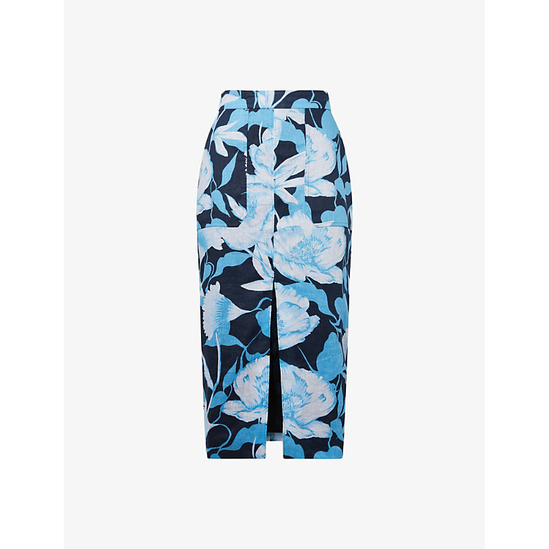Reiss Jackson Foral-print Front-slip Woven Midi Skirt In Navy/blue