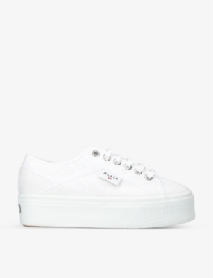 ALAÏA AZZEDINE ALAIA WOMEN'S WHITE ALAÏA X SUPERGA FLATFORM COTTON-CANVAS LOW-TOP TRAINERS,63921817