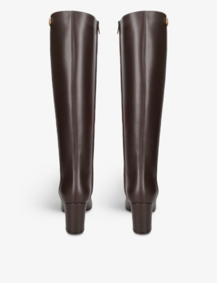 Shop Valentino Garavani Women's Dark Brown Golden Walk Logo-plaque Leather Knee-high Boots