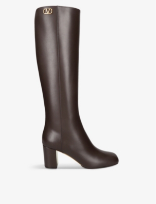 Shop Valentino Garavani Women's Dark Brown Golden Walk Logo-plaque Leather Knee-high Boots