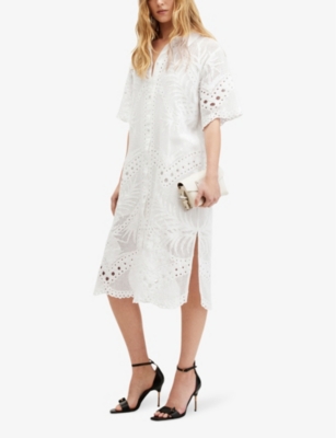 Shop Allsaints Women's Optic White Meria Broderie-anglaise Cotton Midi Dress