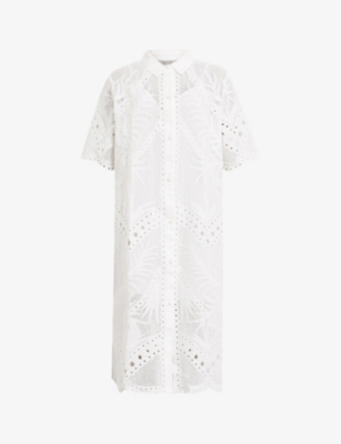 Shop Allsaints Women's Optic White Meria Broderie-anglaise Cotton Midi Dress
