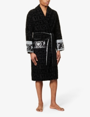 Shop Versace Logo And Baroque-print Cotton-towelling Robe In Black/grey