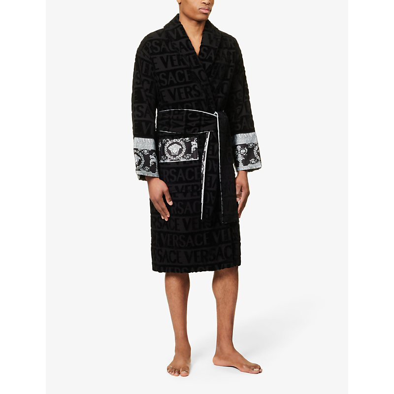 Shop Versace Logo And Baroque-print Cotton-towelling Robe In Black/grey