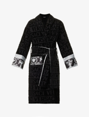 Shop Versace Logo And Baroque-print Cotton-towelling Robe In Black/grey