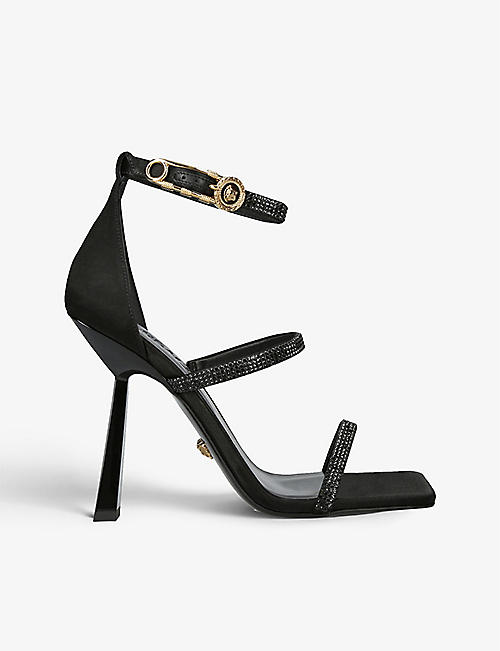 VERSACE: Triple-strap leather heeled sandal