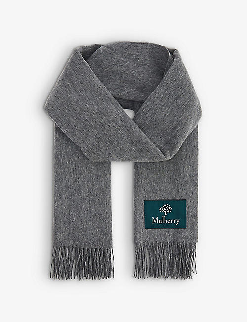 MULBERRY: Logo-patch large fringed wool scarf