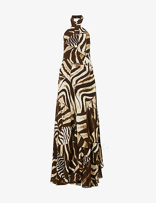 RALPH LAUREN: Zebra-print halter-neck woven maxi dress