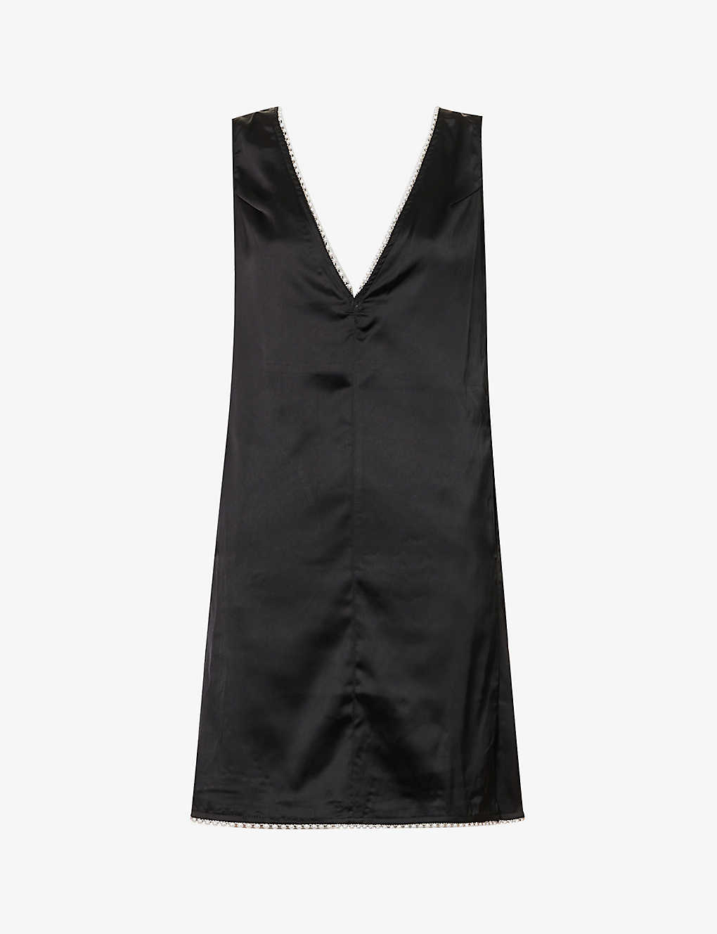 Amy Lynn Womens Black V-neck Pearlescent-trim Satin Mini Dress