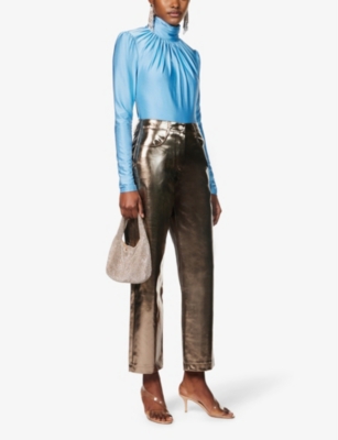 Shop Amy Lynn Women's Gunmetal Lupe Metallic High-rise Straight-leg Faux-leather Trousers