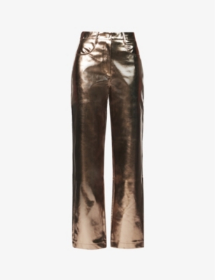 Amy Lynn Womens Gunmetal Lupe Metallic High Rise Straight Leg Faux Leather Trousers Modesens