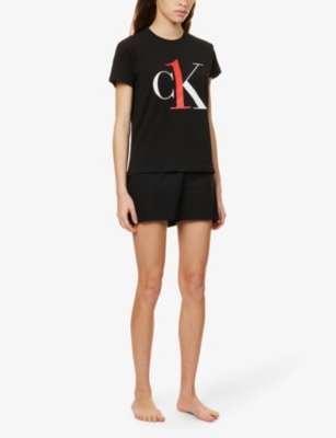 Shop Calvin Klein Women's Black 1996 Brand-patch Recycled Cotton-blend Sleep Shorts