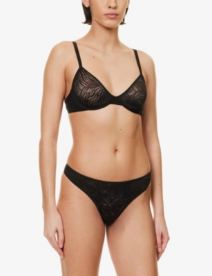 Shop Calvin Klein Womens Black Sheer Marquisette Mid-rise Stretch-lace Thong