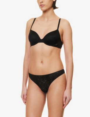 Calvin Klein Womens Black Sheer Marquisette Floral-embroidered Stretch-lace Bra In Black