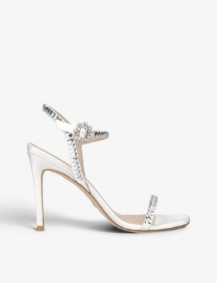 STUART WEITZMAN STUART WEITZMAN WOMEN'S WHITE GEMCUT 100 SWAROVSKI CRYSTAL-EMBELLISHED SATIN HEELED SANDALS,63964500