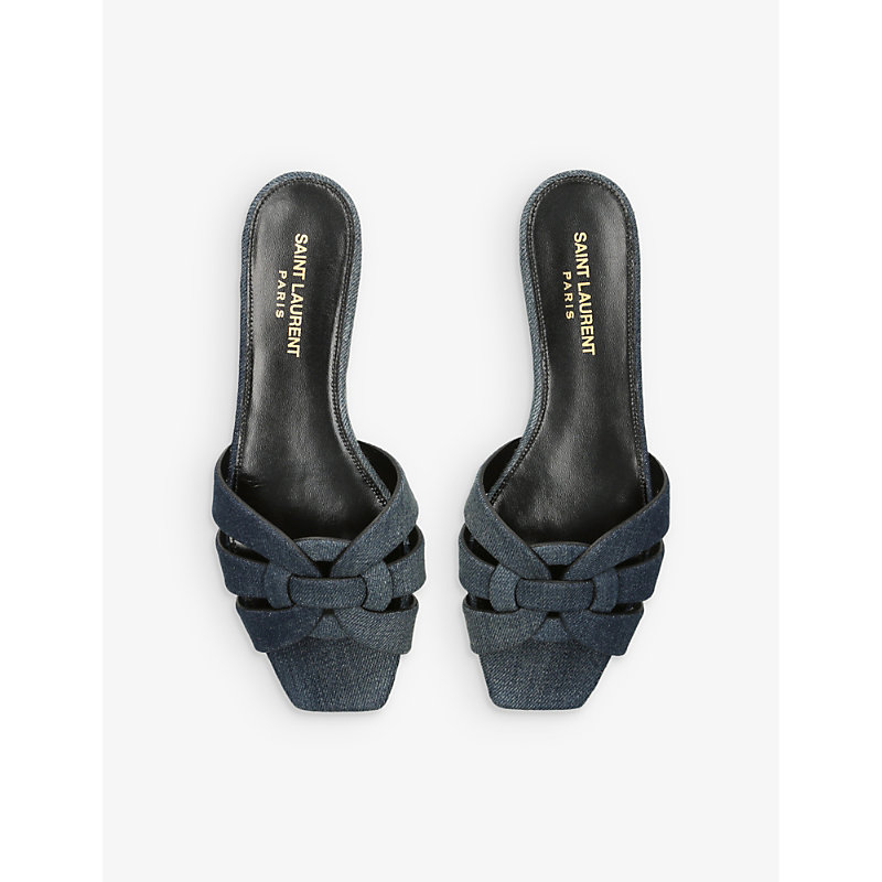 Shop Saint Laurent Women's Blue Nu Pieds 05 Woven-strap Denim Sandals